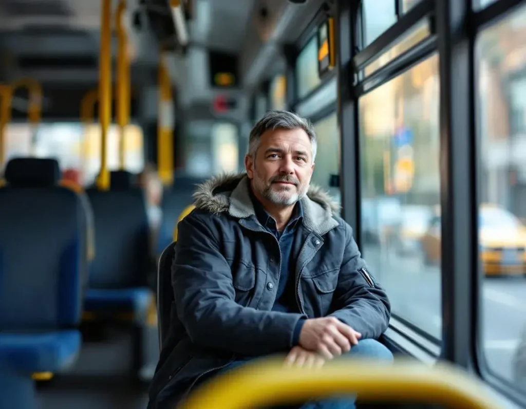 Spokojny pasażer siedzący w nowoczesnym autobusie miejskim, jasne wnętrze i neutralna atmosfera podkreślają temat wsparcia po wypadku